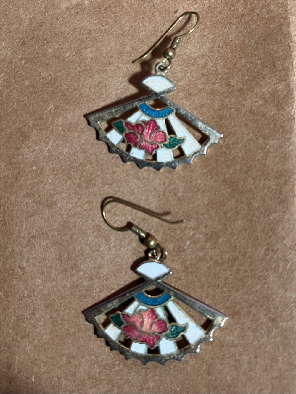 Floral Fan Enamel Drop Earrings - White, Pink & Green